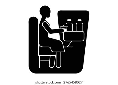 This simplified black and white icon shows a person seated in a transport seat with a tray table extended. On the tray table are two drinks. The graphic represents a passenger receiving service or enjoying refreshments during a journey on an airplane, train, or bus.