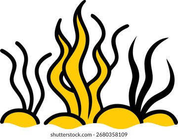 This is a simplified, stylized illustration of yellow flames or grass. The dominant element is a cluster of bright yellow, wavy forms outlined in black, resembling flickering flames or tall reeds. The
