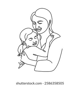 This single-line hand-drawn illustration reflects a meaningful moment when a young mother embraces her child and celebrates Mother’s Day.