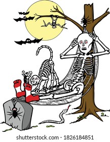 This skeleton is taking'er easy on all hallow eve. This illustration features a skeleton on a spider web hammock.  