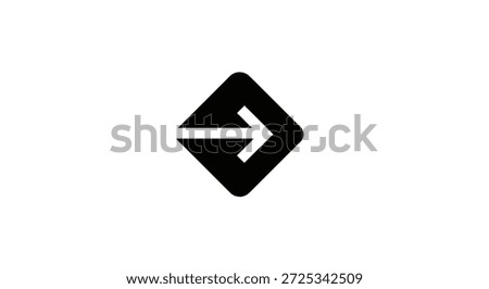 This sleek black arrow icon is set within a rounded rhombus shape, creating a modern and minimalistic design. Perfect for navigation, directional signage, or graphic elements, it conveys movement,