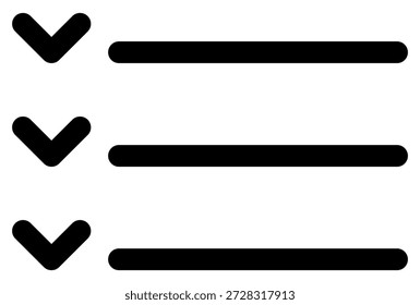 Este elegante ícono negro presenta tres Horizontales barras con flechas de chevron, que simbolizan un menú desplegable o una lista de tareas. Un elemento de interfaz de usuario versátil para Sitios web, App y plataformas digitales.