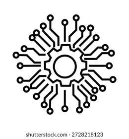 Este elegante icono en blanco y negro cuenta con una rueda dentada central, que representa los procesos del núcleo, rodeada de trazas de placa de circuito radiante con puntos de conexión. Simboliza la tecnología digital avanzada, la IA, los datos y la automatización de sistemas interconectados.