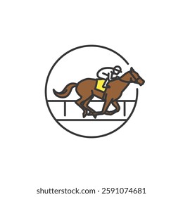 This sleek horse racing icon depicts a jockey on a galloping horse. The circular frame emphasizes speed and competition, capturing the excitement of the sport.