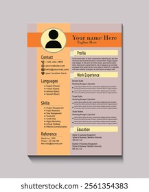 This is a sleek and modern resume template designed for business and marketing professionals. It features a clean, infographic-style layout with vibrant orange accents, highlighting key sections such