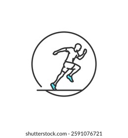 This sleek running icon featuring a figure in mid-sprint highlighted in blue shoes within a circle represents speed, agility, and athleticism. Perfect for sport-related content