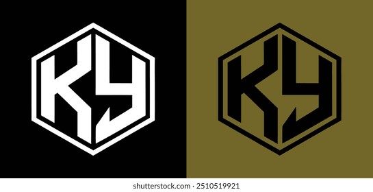 Este design de logotipo elegante e sofisticado apresenta as iniciais "KY" dentro de um hexágono limpo e geométrico.