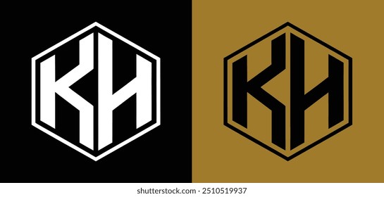 Este design de logotipo elegante e sofisticado apresenta as iniciais "KH" dentro de um hexágono limpo, geométrico.