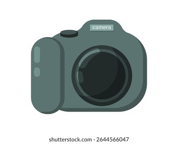 Esta elegante ilustração vetorial retrata uma câmera digital moderna em um tom cinza escuro com uma lente proeminente. A palavra câmera é sutilmente visível em cima do corpo. O trabalho artístico é renderizado em um d plano limpo