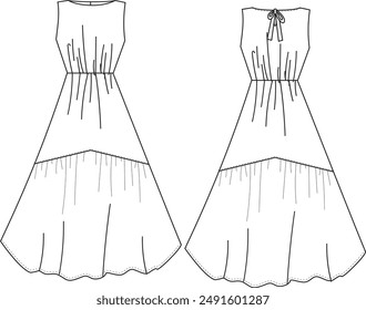 This sleeveless dress with bow in back technical drawing features precise details, including the bow design and seam lines. Ideal for fashion designers and garment makers, it ensures accurate interpre