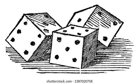 This is a Small dice, used in gaming, by being thrown from a box. This is very famous game, vintage line drawing or engraving illustration.