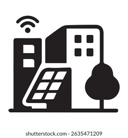 This Smart Eco City outline icon depicts a sustainable, technology-driven urban environment using clean, minimalist line art. Featuring eco-friendly buildings, trees, and solar panels.