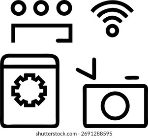 This smart home automation system features a washing machine, camera, and wireless connectivity. It represents modern technology and convenience for home management.