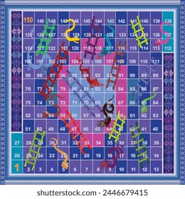 This is a snakes and ladders board game - 150 steps - on a purple background. Editable and Ready to print.