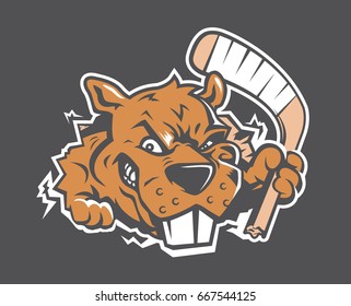 This sneaky beaver chomps on a hockey stick.