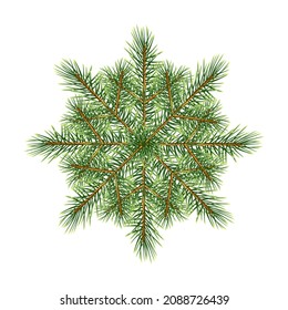 This snowflake is created of coniferous branches of a Christmas tree. Silhouette of a snowflake from needles in green on a white background isolated. Vector.