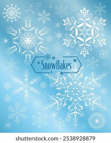 This snowflake illustration captures winter’s cool beauty. Each flake is designed with six-point symmetry and intricate patterns, highlighting the uniqueness of snowflakes. The white and pale blue ton