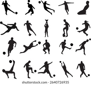 This soccer player icon set features minimal and flat design illustrations showcasing various football action poses such as kicking, dribbling, passing, and goalkeeping