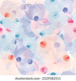 Este padrão floral abstrato suave apresenta delicados círculos inspirados em aquarela em tons de azul pastel, rosas e laranjas. Seu design sutil e arejado o torna perfeito para tecidos, decoração doméstica e digital