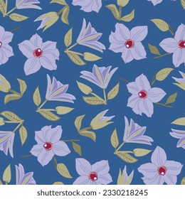 This soft blue background features the showy alizarin crimson anthers of the purple Clematis Ramona creating a seamless repeat pattern design.