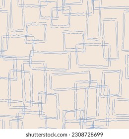 This soft textured pattern is created with wiggly lines of blue rectangles on a beige background.