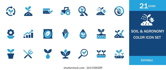 This Soil and Agronomy color icon set includes 21 editable icons related to farming, crop growth, soil analysis, pest control, and agriculture, perfect for eco-friendly and agricultural designs.