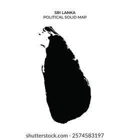 This solid black map outlines the political divisions of Sri Lanka, showcasing the islands shape and geographical contours clearly. It serves as a visual reference.