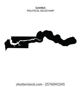 This solid black outline represents the political map of Gambia, highlighting its unique geographical shape. The map emphasizes the countrys position and boundaries in West Africa.