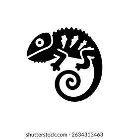 This solid black silhouette features an isolated chameleon, rendered in a simplistic, modern style, clearly displaying the reptile's characteristic curly tail on transparent background.