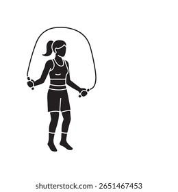 This solid black silhouette portrays a fit woman engaging in exercise with a jump rope, highlighting activity and strength, all set against a clean, transparent backdrop.