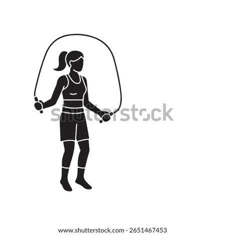 This solid black silhouette portrays a fit woman engaging in exercise with a jump rope, highlighting activity and strength, all set against a clean, transparent backdrop.