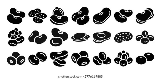 This solid filled icon set features bean types including navy lima pinto fava mung and adzuki for healthy food designs