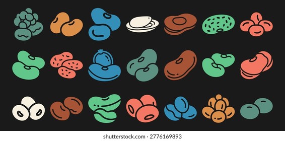 This solid filled icon set features bean types including navy lima pinto and fava isolated on a black color background