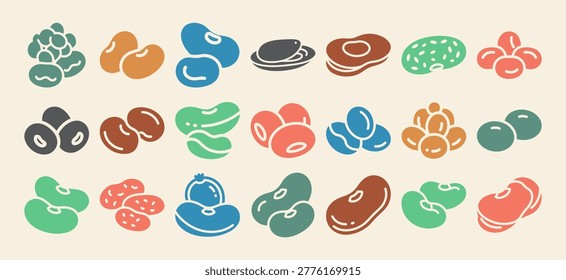 This solid filled icon set features bean types including navy lima pinto and fava healthy raw plant agriculture food legumes