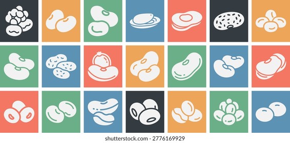 This solid filled icon set features bean types including navy lima pinto and fava for healthy vegetarian agriculture food designs