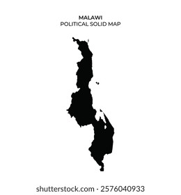 This solid map of Malawi illustrates the countrys political boundaries and major geographical features in a clear, monochromatic style. The unique shape highlights its lakes and regions.