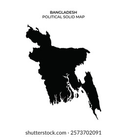 This solid map showcases the geographical outline of Bangladesh, emphasizing its political boundaries and unique shape without additional details or colors.