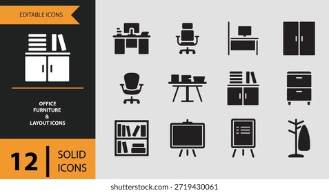 Diese solide Büromöbel und Layout-Symbol-Set verwendet fette Symbole, um Schreibtische Stühle Partitionen Speicher und Organisation Bürosysteme deutlich darstellen