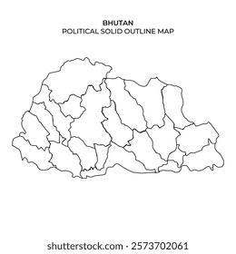 This solid outline map of Bhutan displays the countrys political boundaries and administrative divisions in detail. It highlights various regions without any color or labeling.