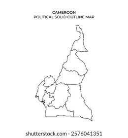 This solid outline map depicts the political boundaries of Cameroon, highlighting various regions without additional details or markings, suitable for educational purposes.