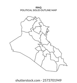 This solid outline map details the political divisions of Iraq, highlighting various regions and borders. The minimalist design focuses on geographical features without additional details.