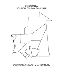 This solid outline map displays the political divisions of Mauritania. It highlights various regions without any color, providing a clear view of the countrys boundaries.