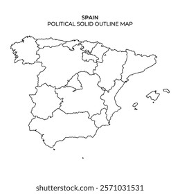 This solid outline map highlights the political divisions of Spain, featuring the geographic layout of its autonomous communities and cities. Ideal for educational purposes.