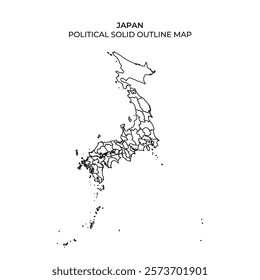 This solid outline map of Japan highlights political divisions and key regions, providing a clear representation of the countrys geographical layout for educational and reference purposes.