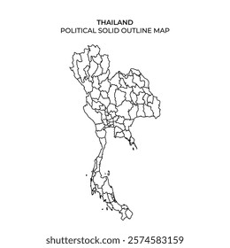 This solid outline map of Thailand displays the political divisions across the country. It highlights various regions, provinces, and geographical features concisely.