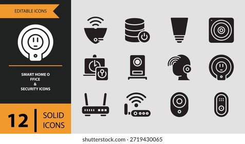 Este sólido conjunto de iconos de seguridad y oficina en el hogar inteligente utiliza símbolos en negrita para representar dispositivos inteligentes, enrutadores, cámaras de seguridad y sistemas de respaldo de energía
