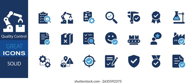This solid-style icon set features key concepts in quality control and quality assurance. The collection includes icons for quality inspection, compliance, evaluation, production, risk management