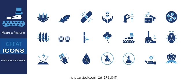 This solid-style icon set showcases essential mattress features designed for comfort, health, and sustainability. The icons include symbols for breathability, durability, softness.	
