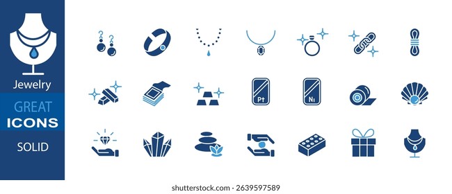  This solid-style Jewelry icon set features symbols representing various jewelry types, precious materials, crafting processes, and luxury accessories. With bold, clean lines and an elegant aesthetic