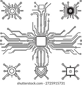 Esta sofisticada coleção de ícones de traço preto apresenta um conjunto impressionante e futurista de 12 símbolos monolíticos dispostos em uma dinâmica, quase mandala-como formação contra um fundo limpo. Cada ícone é desenhado com um peso de linha preciso e uniforme em preto puro, criando uma família coesa de formas orgânicas tecnológicas que misturam a estética dos circuitos com o poder simbólico.
No centro está um núcleo quadrado em negrito - simples, mas de comando - rodeado por traços de circuitos radiantes que se ramificam para fora como caminhos neurais ou veias da placa-mãe. Essas linhas intrincadas conectam-se a elementos periféricos com fluxo magistral: nós angulares, destinos circulares, anéis concêntricos e interseções semelhantes a cruz que sugerem direcionamento de precisão, hubs de dados e conectividade